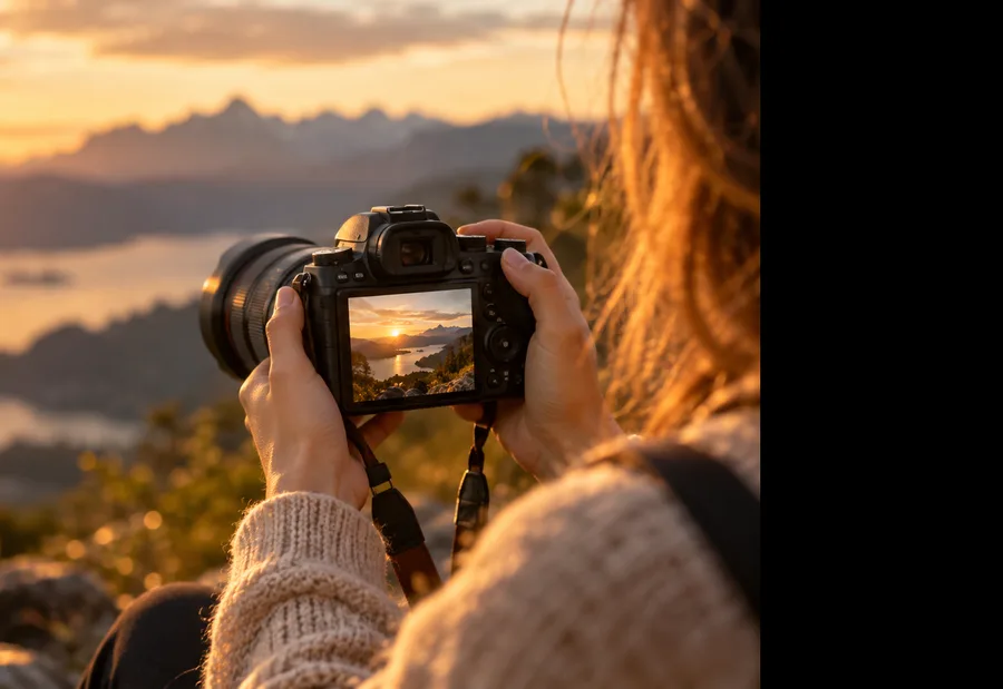 Manos sosteniendo una cámara frente a un lago al atardecer