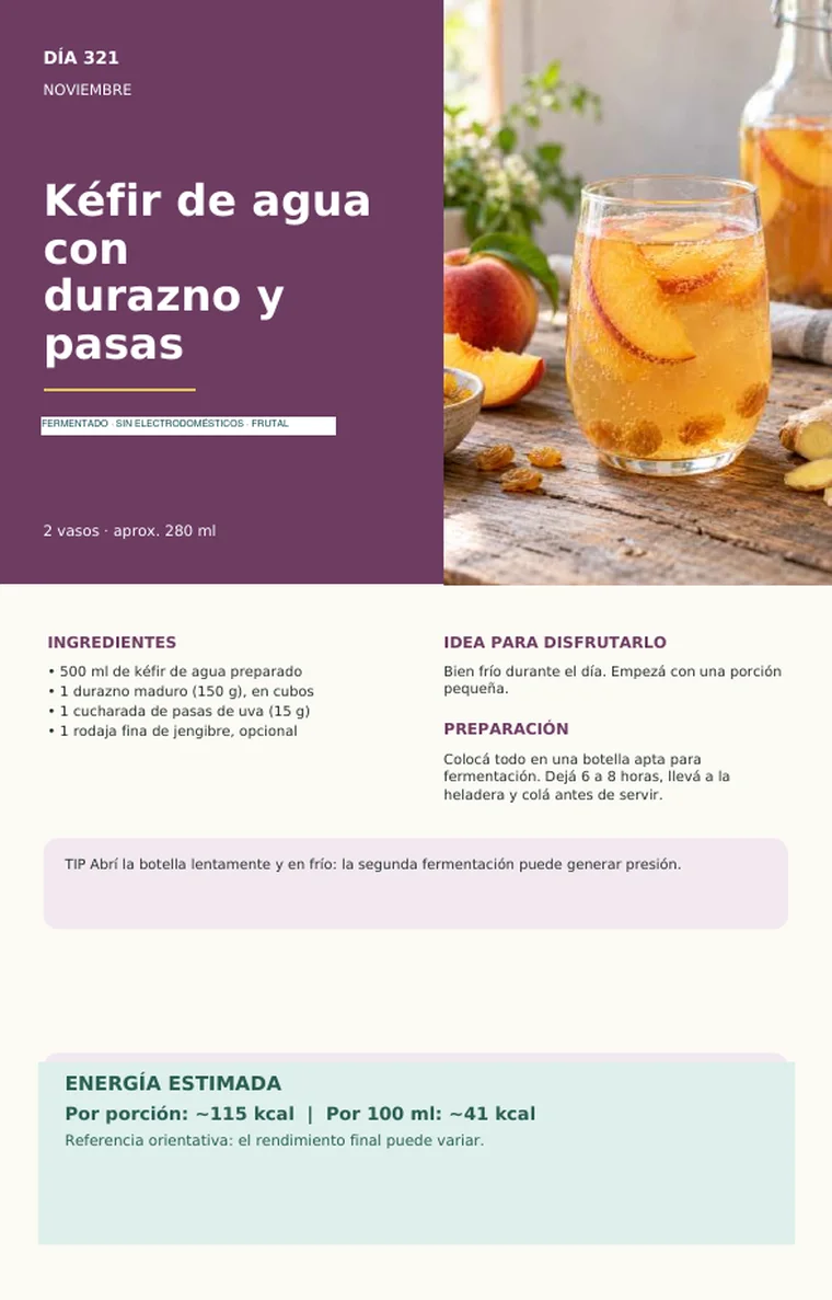 Página del día 321, noviembre: Kéfir de agua con durazno y pasas